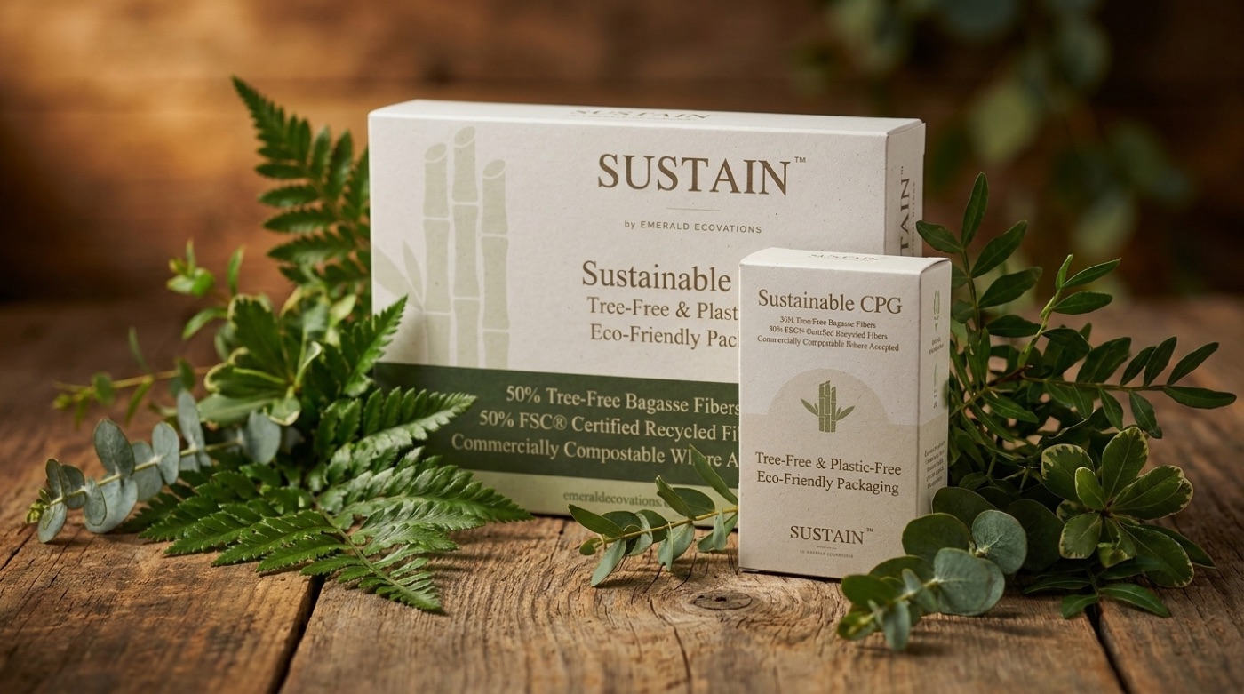 SUSTAIN packaging boxes on a table with greenery