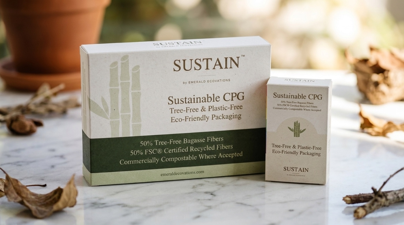 SUSTAIN packaging boxes on a marble countertop