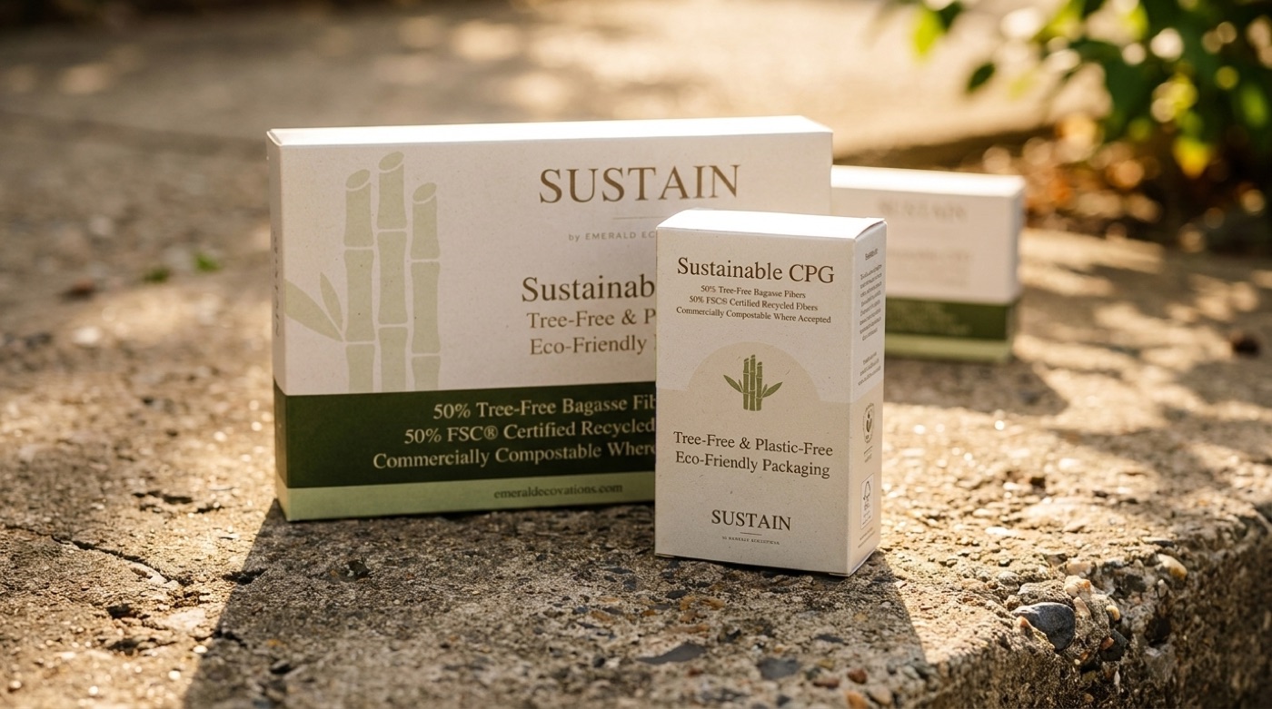 SUSTAIN packaging boxes photographed outdoors on stone