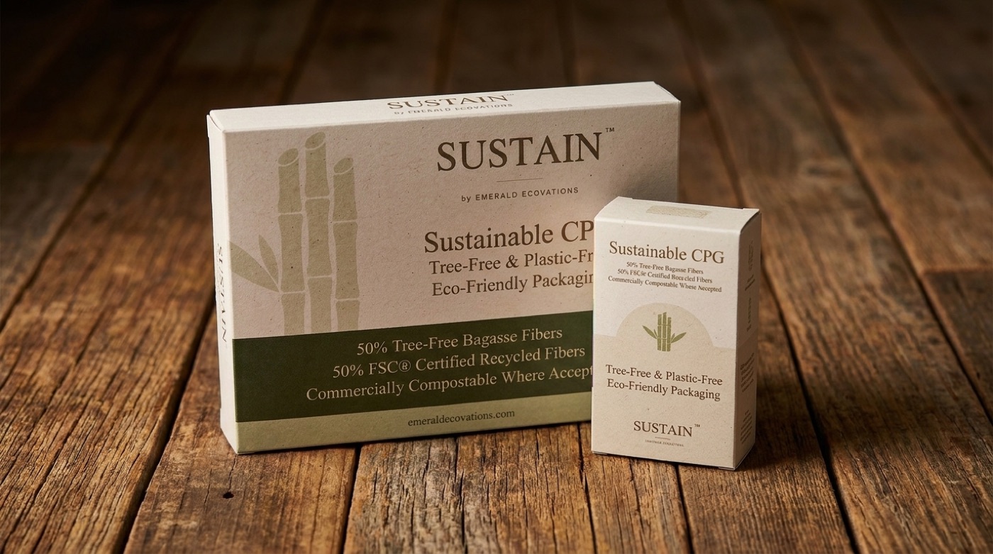 SUSTAIN packaging boxes on a wood plank surface