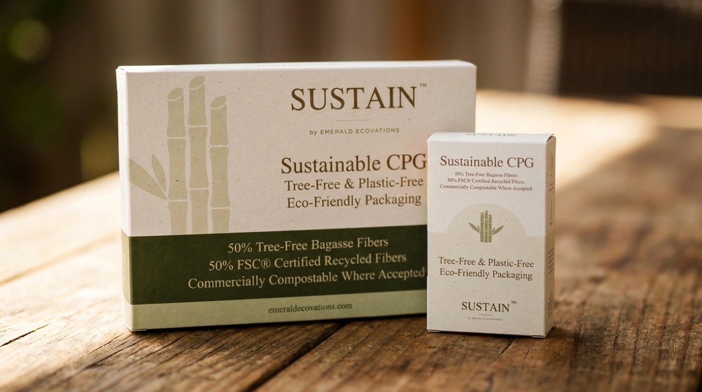SUSTAIN packaging boxes on a rustic wood table
