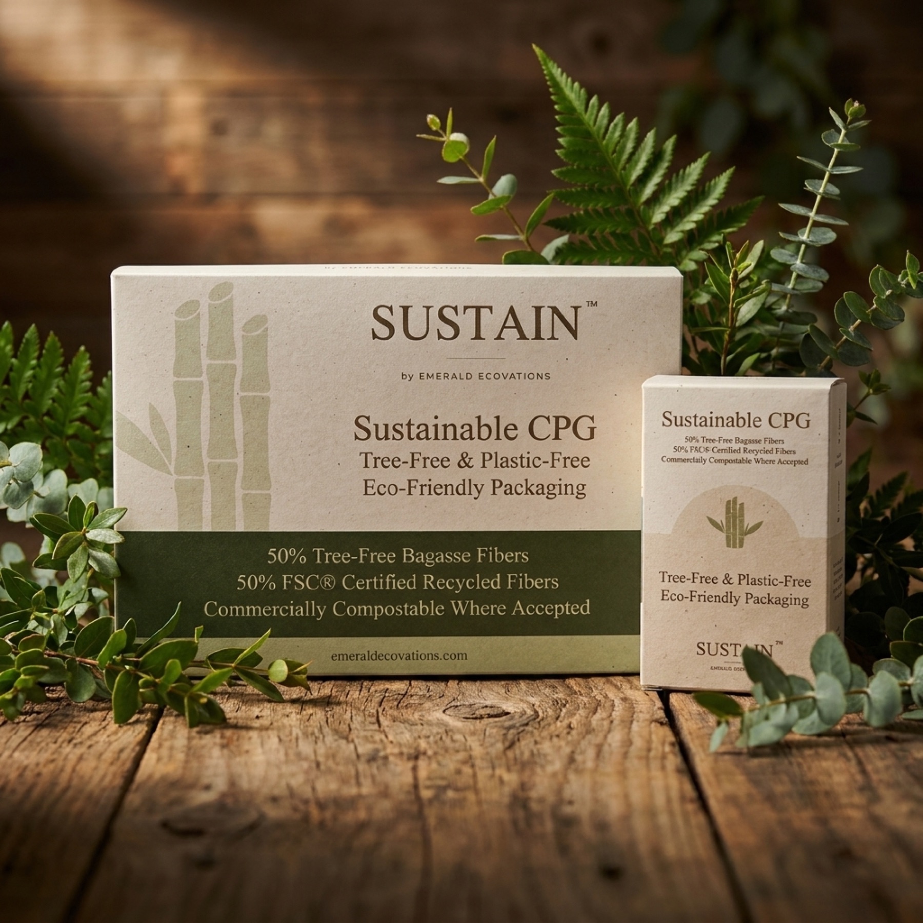 SUSTAIN tree-free CPG packaging boxes among fresh greenery on a wood surface